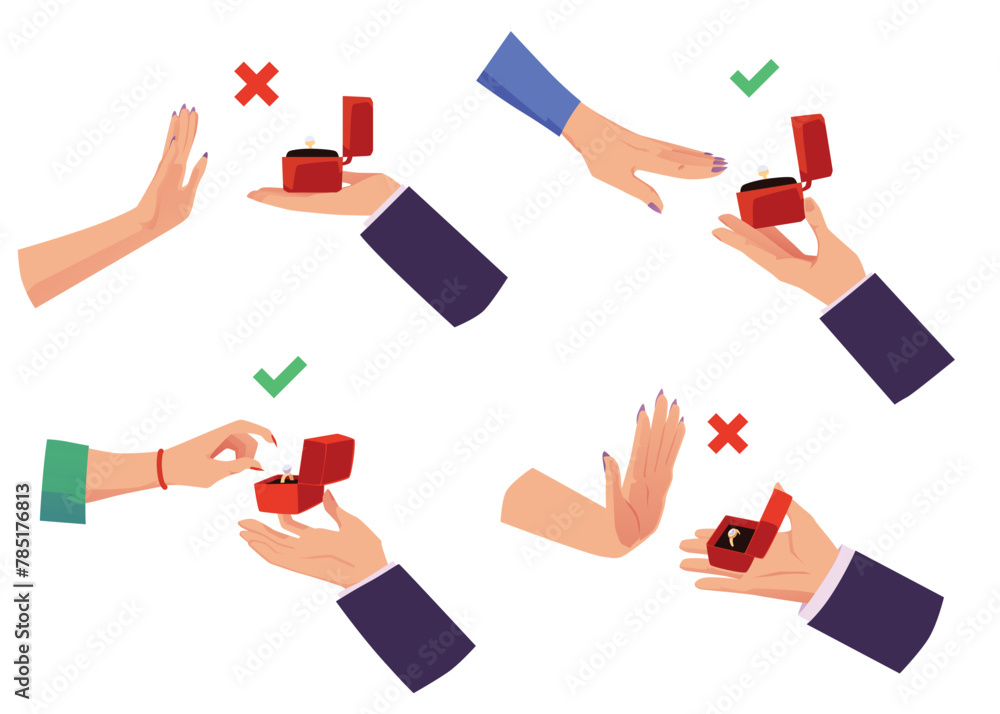 Set of people hands and gestures about marriage proposal flat style - obrazy, fototapety, plakaty 