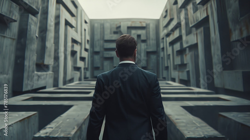 A shot of a businessman in front of the entrance to the maze symbolizes a meeting with business obstacles that require decision-making and problem-solving skills.