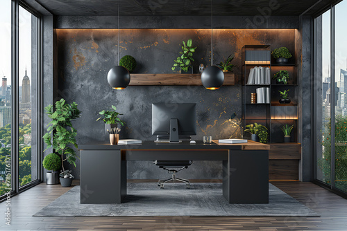 A sleek and modern office space with an empty desk, featuring dark gray marble walls, plants, stylish lighting fixtures. Created with Ai