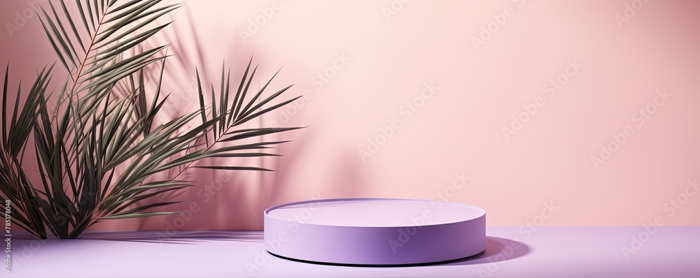 Lavender background with shadows of palm leaves on a lavender wall, an empty table top for product presentation. A mockup banner
