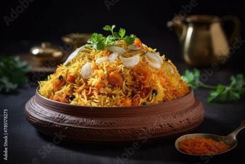 Biryani food photography on black table background. Indian food concept. Text copy space.
