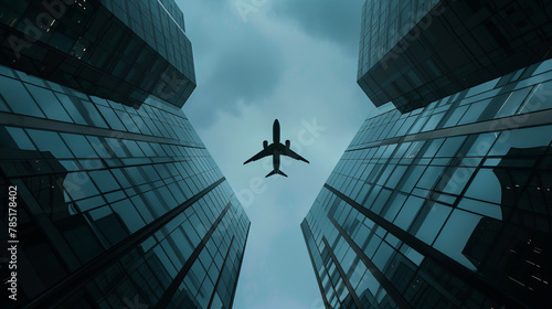  A wide shot taken from below shows the silhouette of a flying airplane in front of the background of an urban skyscraper, visualizing the power and progress of modern aviation.