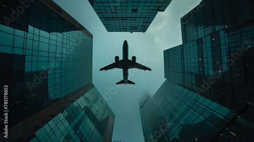 The silhouette of an airplane, outlined against the background of glass office buildings in the general plan from below, creates the impression of dynamism and grandeur of urban life photo