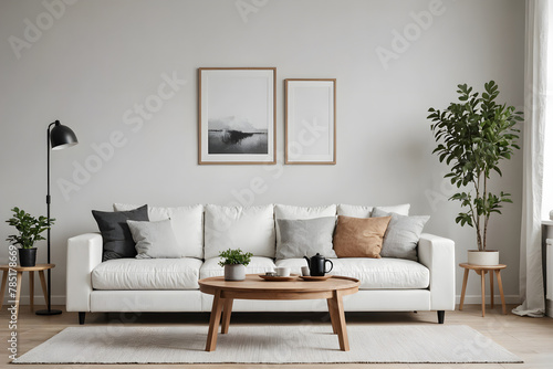 A cute sofa next to a potted indoor plant. There are framed posters on the wall. Minimalist living room interior with sofa on wooden floor, decor on large wall.