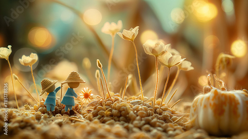 Twilight Reverie: Miniature Figures Wander in a Whimsical Grain Haven