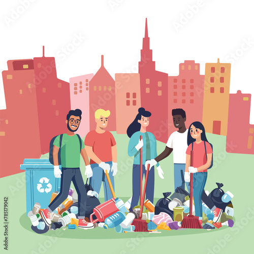 People are cleaning up planet from garbage. World Environment Day. Save the planet. Earth Day concept. Flat style vector illustration