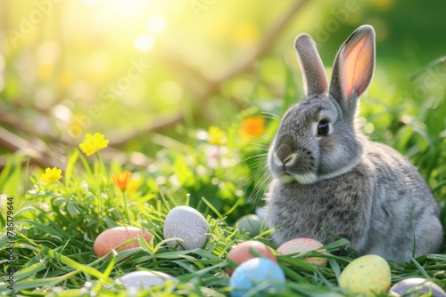 Grey rabbit sitting in green grass with various multi colored easter eggs on flowering garden background