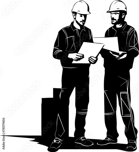 Engineering Vision Engineers with Plan Symbol Blueprint Builders Duo Holding Blueprint Icon