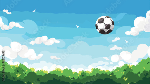 Flying soccer ball over green and blue sky landscape.