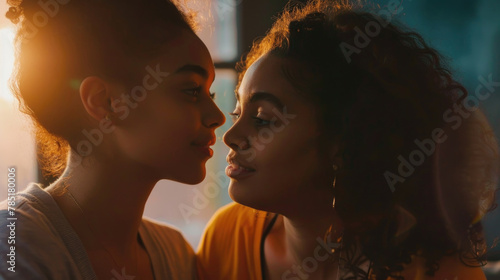 Two women share a close, tender moment, their faces illuminated by the warm glow of the setting sun