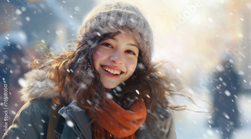 Young woman smiling in the snow with hat and jacket. Young woman throwing snow outdoors on winter nature background, joy and happines emotions. Christmas and new year concept