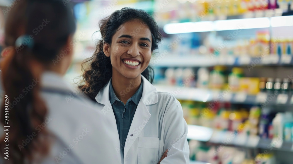 A cheerful pharmacist engages with a customer, providing assistance in a well-stocked pharmacy A cheerful pharmacist engages with a customer, providing assistance in a well-stocked pharmacy