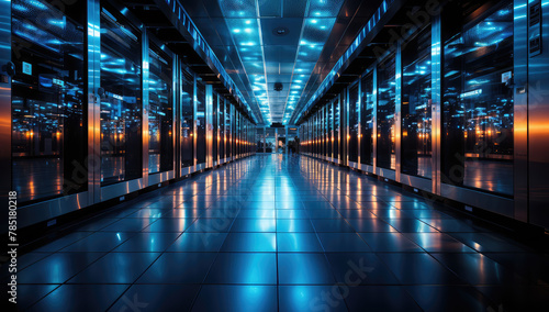 A futuristic, hightech data center with glowing glass walls and advanced computer equipment in the background. Created with Ai