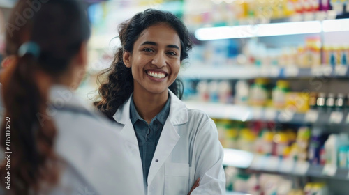 A cheerful pharmacist engages with a customer, providing assistance in a well-stocked pharmacy