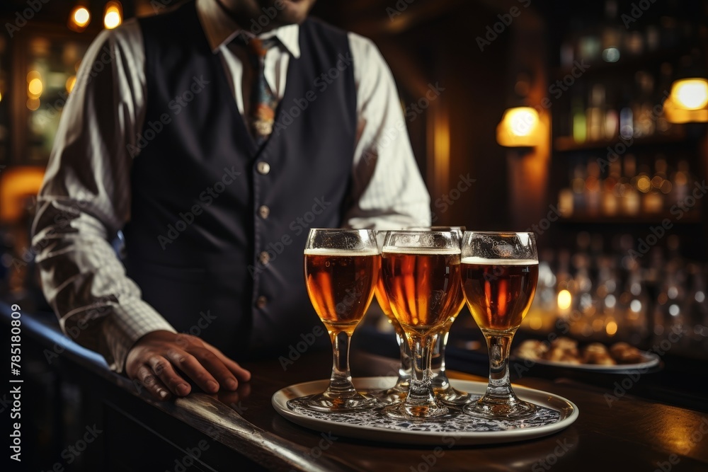 Bartender pouring refreshing beer for patrons at a lively bar with a welcoming ambiance