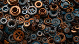 Pile of old rusty metal gears and cogs. Spare parts for industrial machines.
