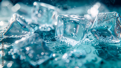 Transparent ice cubes, blue toned image. Chill backdrop. © graja