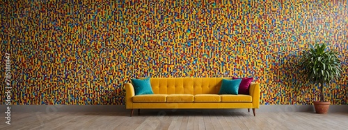 Yellow two-seater sofa on a background of colored ceramic tiles for home interior or ceramic tile design. Mid century interior design of modern living room photo