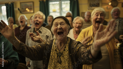 A group of elderly women joyfully singing and clapping their hands in unison © sommersby