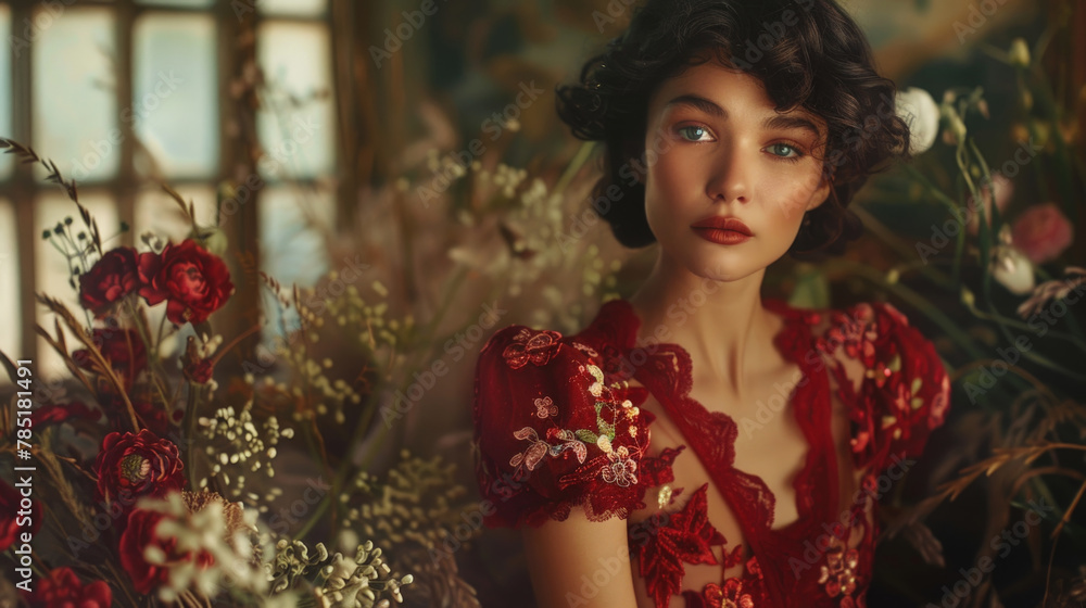 A woman in a red dress sits next to a colorful bunch of vibrant flowers, creating a striking contrast in colors and textures A woman in a red dress sits next to a colorful bunch of vibrant flowers, creating a striking contrast in colors and textures