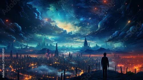 An illustration of a person gazing at a vast, starry sky, drawing constellations that spell Dreams Achieved, symbolizing limitless potential Color Grading Complementary Color