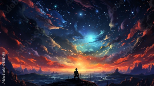 An illustration of a person gazing at a vast, starry sky, drawing constellations that spell Dreams Achieved, symbolizing limitless potential Color Grading Complementary Color