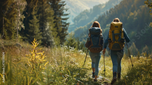 Two individuals, each carrying a backpack, are hiking up a hill in the outdoors