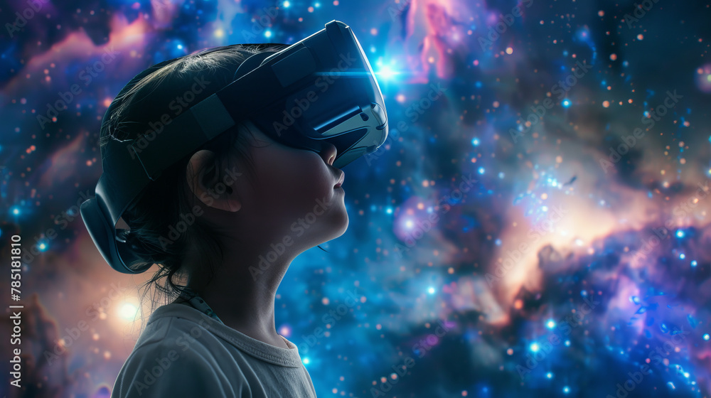 A little Asian girl wearing virtual reality glasses is immersed in an exciting space adventure, surrounded by stunning futuristic landscapes of virtual space that come to life before her gaze. A little Asian girl wearing virtual reality glasses is immersed in an exciting space adventure, surrounded by stunning futuristic landscapes of virtual space that come to life before her gaze.