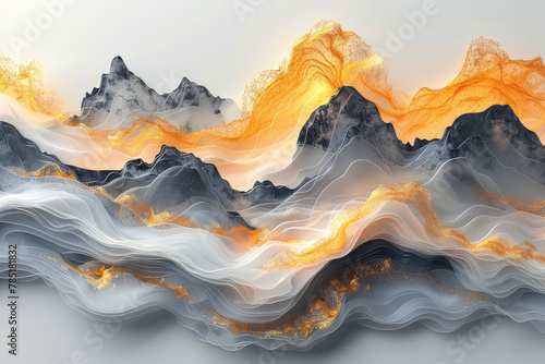 Abstract panoramic view of the burning mountains, dark grey and orange color gradient, digital art, white background. Create dwith Ai