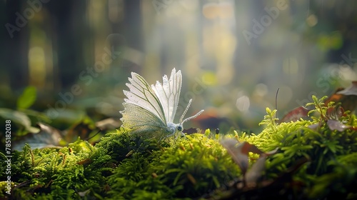Fairy wings amidst moss, forest scene, close-up, eye-level, soft morning mist, magical glow 