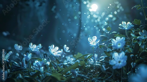 Mystical flowers glowing, dark forest background, close-up, high-angle, under moonlit spell -