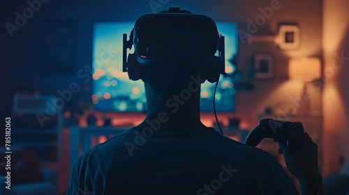 Dramatic Silhouette of Immersive VR Gamer Engrossed in Virtual Reality Gaming at Home photo