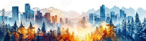 Animated cityscape with skyscrapers, coniferous forest, mountain, on white, text space photo