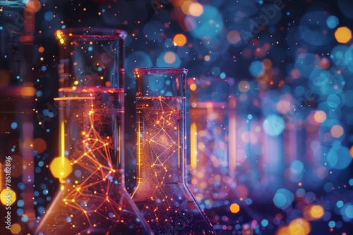 Beakers in a laboratory setting with a double exposure effect showcasing intricate holographic molecular structures, denoting chemical research photo