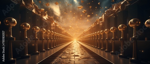 An image depicting a pathway lined with various symbols of success diplomas, trophies, and golden stars leading to a shining gateway labeled Future Color Grading Complementary Color