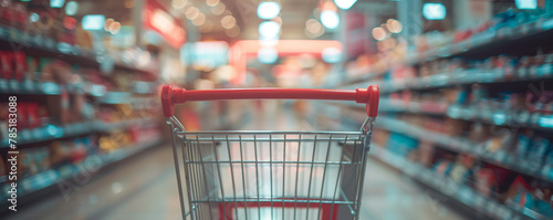 Empty shopping cart in supermarket aisle with blurry background.