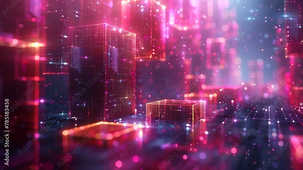 Floating holographic geometric shapes form an abstract technology background, symbolizing a network of digital connections