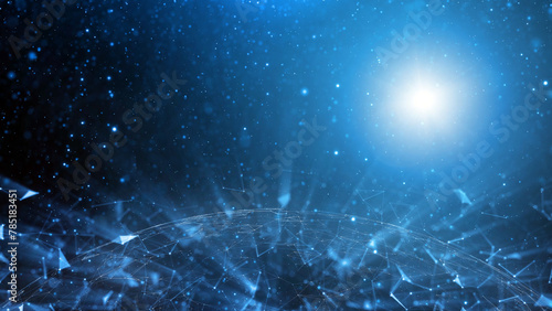 Blue cyberspace network with geometric sphere. Copy space illustration background with glow particles.