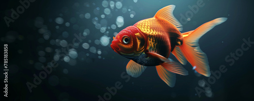Goldfish swimming in dark, illuminated water. © connel_design