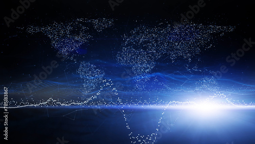 Virtual detailed world map illustration with digital lines. Worldwide blue background with light and copy space. photo
