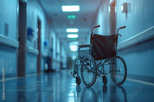 Empty wheelchair in hospital corridor, Lud panoramic view, blurred background, space for text photo