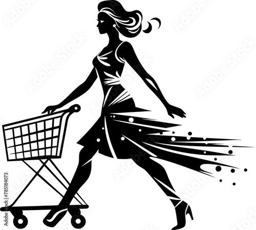 Trend Trailblazer Shopping Trolley Symbol Style Savvy Shopper Woman with Cart Vector Icon