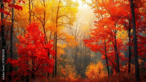 Autumn Leaves: A photo of a forest with trees displaying a mix of red, orange, and yellow leaves