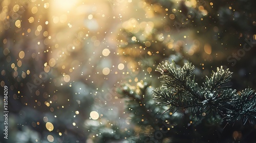 Snowflakes on pine needles, close-up, low angle, blurred forest, serene winter light 