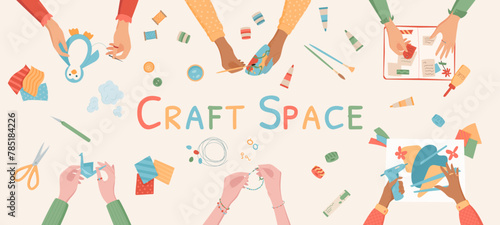 Creative DIY hands art class top view collection, handmade origami hobby group vector illustration, colorful painting craft banner, children making handicraft workshop background.