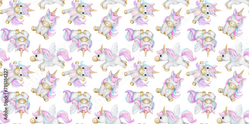 Print of cute little unicorns. Background of baby ponies. Watercolor hand drawn seamless pattern for children's rooms, goods, clothes, postcards, baby shower and nursery, fabric