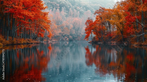 Autumn Leaves  A photo of a lake surrounded by trees with leaves in shades of red and orange