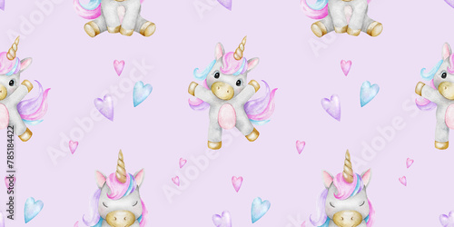 Print of cute little unicorns and hearts. Background of baby ponies. Watercolor hand drawn seamless pattern for children's rooms, goods, clothes, postcards, baby shower and nursery, fabric