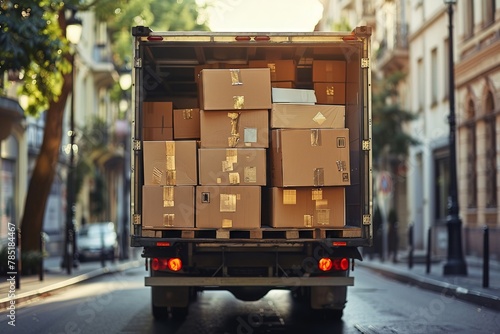 Full truck trunk, packed with boxes, moving concept, sunny day, room for text