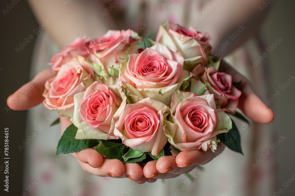 Obraz premium woman hands gently holding a lavish bouquet of roses